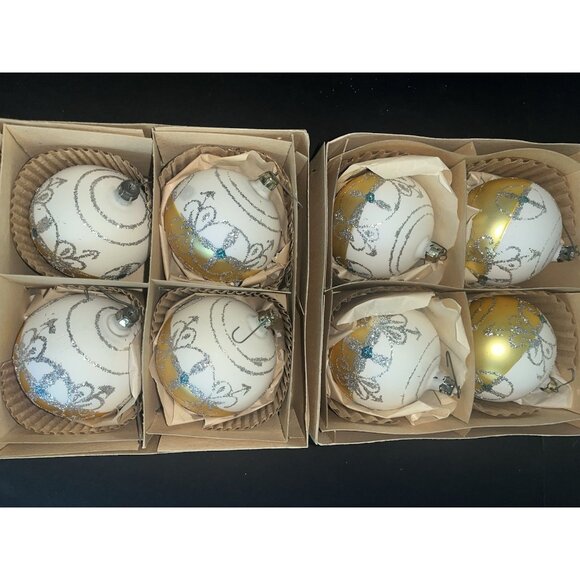 2 Boxes Christmas Ornaments 8 Bulbs Vintage Imperial Gold White POLAND